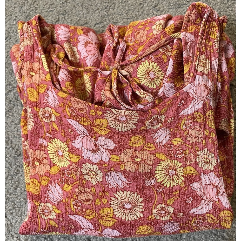 Babydoll Tiered Floral Mini Dress Sz M Orange Yellow Balloon Sleeve Beach Boho - Picture 13 of 13